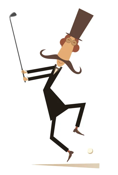 Mustache Man Top Hat Playing Golf Illustration Mustache Gentleman Top — 스톡 벡터