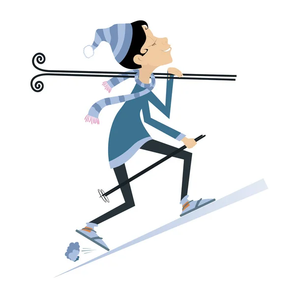 Молодая Лыжница Изолированная Иллюстрация Ходячая Молодая Лыжница Держит Небо Плече — стоковый вектор