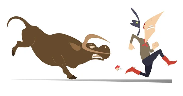 Contadino Cowboy Illustrazione Toro Arrabbiato Paura Contadino Cowboy Fugge Dal — Vettoriale Stock