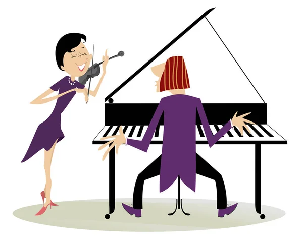 Paar Muzikanten Afspelen Muziek Viool Piano Geïsoleerde Illustratie Duet Van — Stockvector