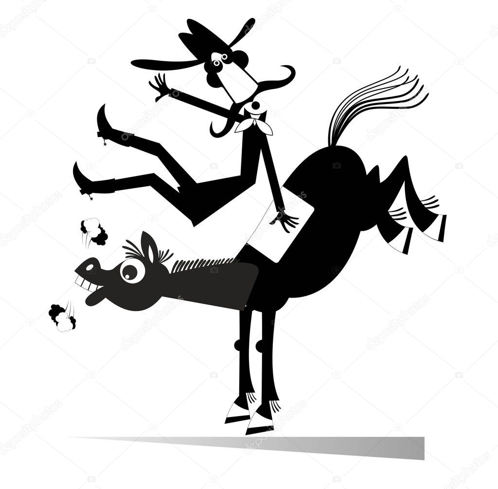 Cartoon rider falls from the horse isolated illustration. Funny long mustache man or cowboy falling down from the horse black on white  