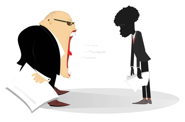 Boss Scolds African Employee Illustration Angry Caucasian Chief Scolds His — Stock Vector