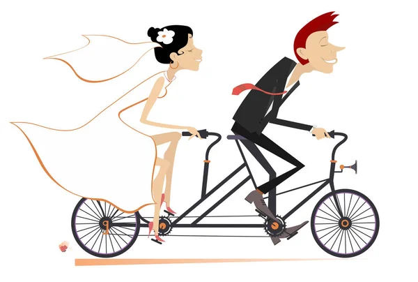 Couple Marié Hétérosexuel Monte Sur Une Illustration Vélo Tandem Heureux — Image vectorielle