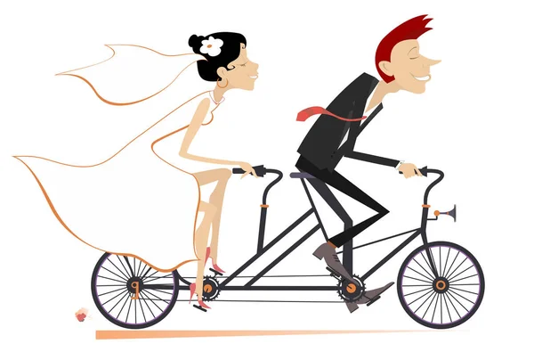 Heterosexuelles Hochzeitspaar Fährt Auf Einem Tandemfahrrad Glückliche Mann Und Frau — Stockvektor