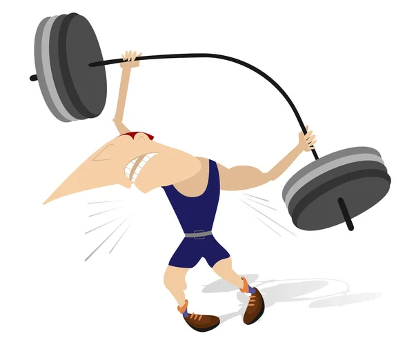 Cartoon Man Gewichtheffer Geïsoleerde Illustratie Grappige Sterke Man Probeert Een — Stockvector