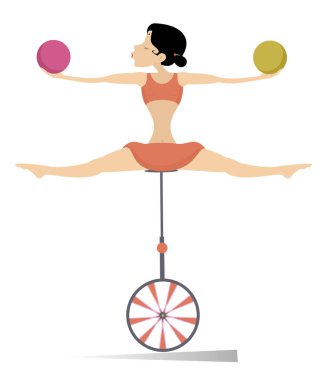 Equilibrist woman balances on the unicycle with the balls illustration. Equilibrist young woman holds two balls and balances on the unicycle isolated on white clipart