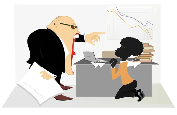 Caucasian Boss Scolds African Employee Illustration Angry Caucasian Chief Scolds — Stock Vector