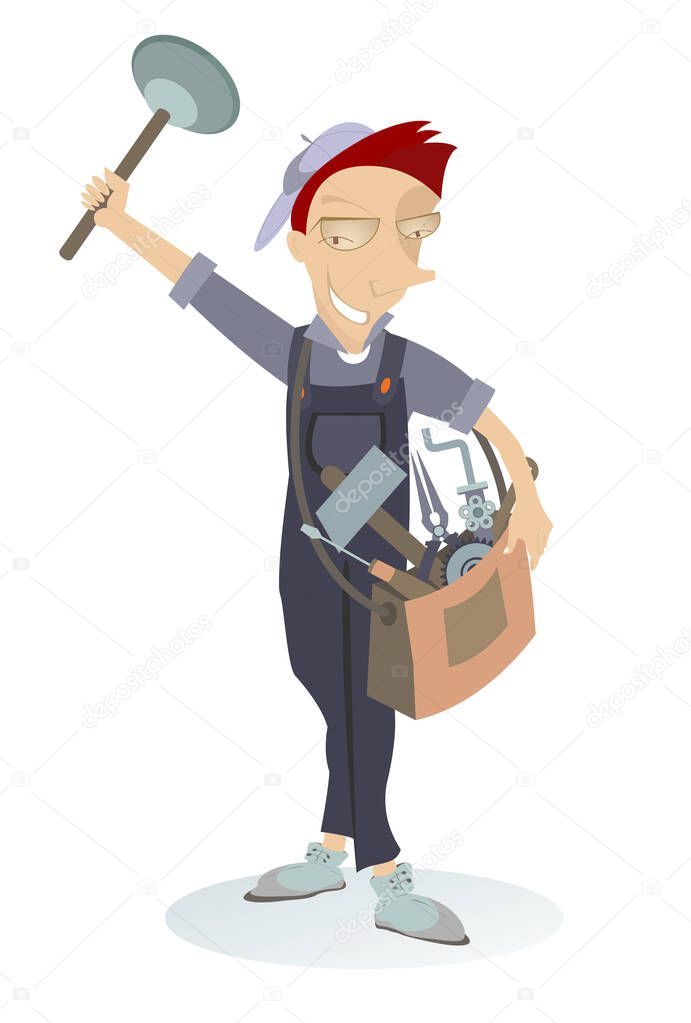 Smiling worker with a plunger and a tool bag illustration. Cartoon cheerful mechanic or plumber holds a plunger in his hand and a big bag full of instruments on the shoulder isolated on white illustration 