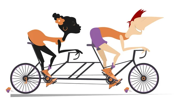 Hombre Caucásico Mujer Africana Monta Una Bicicleta Tándem Aislada Sonriente — Vector de stock