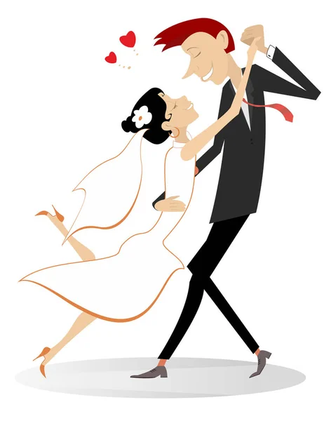 跳舞的已婚夫妇的婚礼插图 心形象征 舞动着快乐的男女穿着白衣 孤身一人在白衣上 — 图库矢量图片