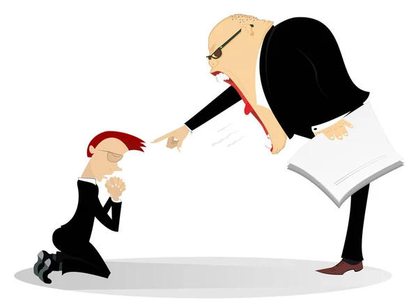 Angry Boss Scolds Employee Illustration Angry Chief Scolds Kneeling Employee — Stock Vector