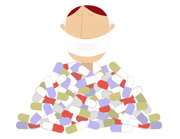 Κεφάλι Στην Προστατευτική Μάσκα Και Σωρός Από Χάπια Εικονογράφηση Επικεφαλής — Διανυσματικό Αρχείο