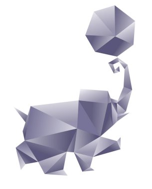 Çokgen fil sanat illüstrasyonu. Origami fili beyaza izole edilmiş bir topla hokkabazlık yapıyor.