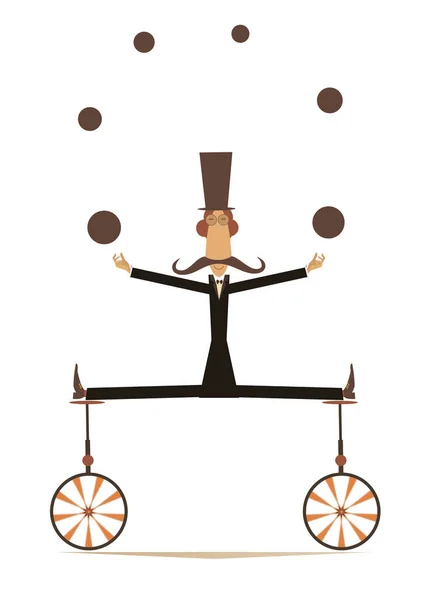 Equilibrist Mustache Man Two Unicycles Juggles Balls Illustration Funny Long — Stock Vector