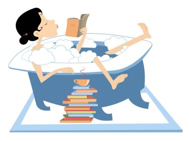 Kadın banyo yapar, kitap okur ve kahve ya da resimli çay içer. Gülümseyen genç kadın küvette yatıyor, kahve ya da çay içiyor ve beyaz üzerine izole edilmiş kitaplar okuyor.