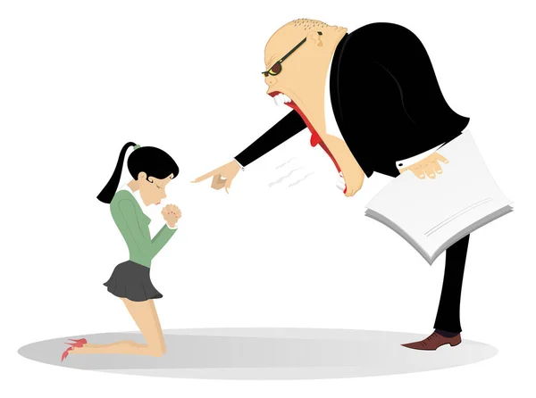 Wütender Chef Beschimpft Eine Angestellte Wütender Chef Schimpft Auf Kniende — Stockvektor