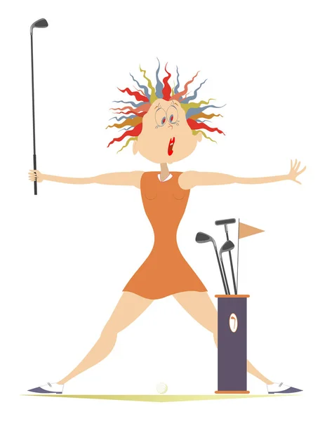 Donna Golfista Divertente Sul Campo Golf Illustrazione Cartoon Golfista Donna — Vettoriale Stock