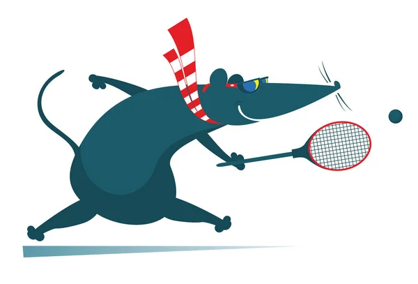 Rolig Råtta Eller Mus Spelar Tennis Illustration Tecknad Råtta Eller — Stock vektor