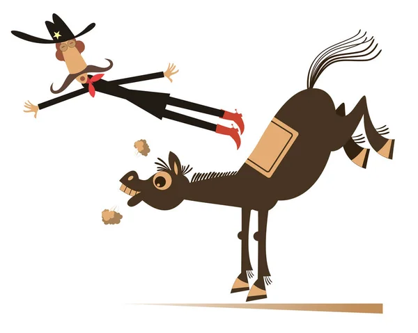 Cartoon Rider Falls Horse Isolated Illustration Funny Long Mustache Man — Stock Vector