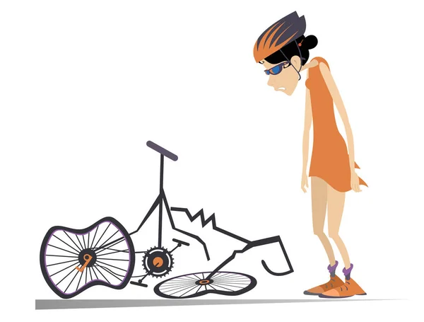 Mulher Ciclista Uma Bicicleta Quebrada Ilustração Isolada Mulher Triste Perto — Vetor de Stock