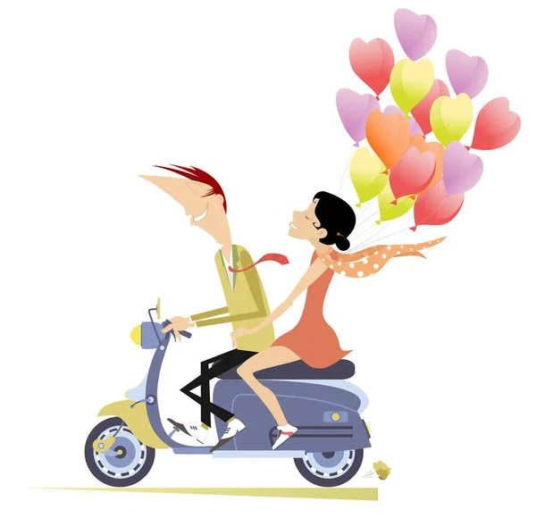Happy Man Woman Rides Scooter Illustration Happy Man Woman Red — Stock Vector