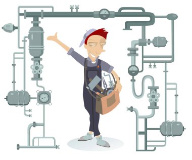 Alet çantası illüstrasyonuyla gülümseyen işçi. Çizgi filmdeki neşeli tamirci ya da tesisatçı. Omzunda büyük bir çanta dolusu alet var. Beyazlar üzerinde izole edilmiş bir boru inşaatını tamir ediyor. 