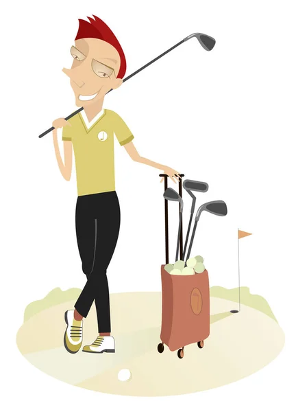 Lächelnder Golfer Auf Dem Golfplatz Cartoon Golfer Mann Mit Golftasche — Stockvektor