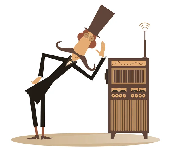 Homme Moustache Drôle Dans Chapeau Supérieur Écoute Illustration Radio Drôle — Image vectorielle