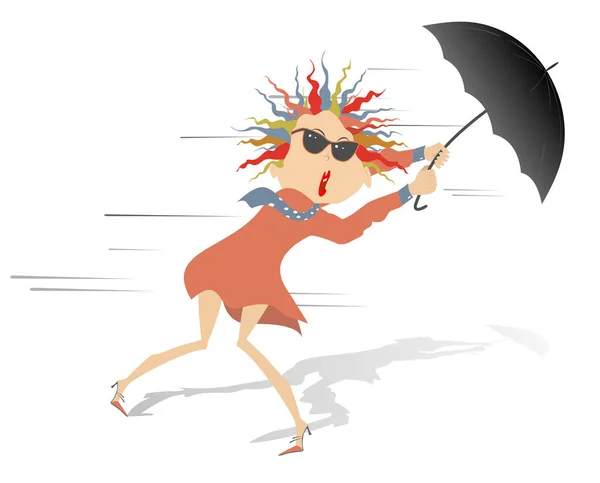 Stark Vind Och Kvinna Med Paraplyillustration Söt Ung Kvinna Solglasögon — Stock vektor