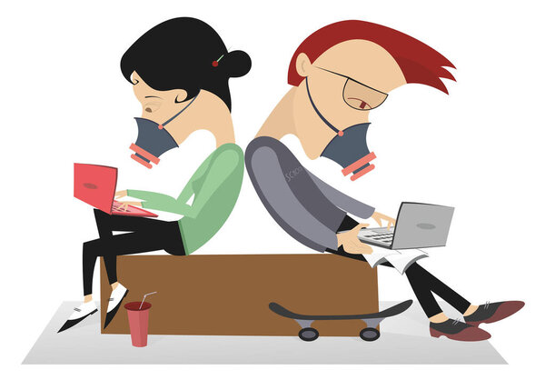 Two teenagers in the protective masks work on laptops illustration. Two teenagers in the protective masks sitting back to back and communicate by internet using notebook computers isolated on white