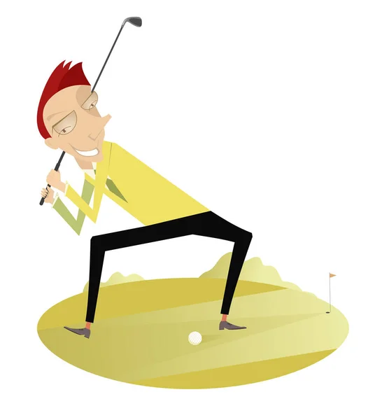 Lachende Golfer Golfbaan Illustratie Glimlachende Golfer Golfbaan Probeert Een Goede — Stockvector