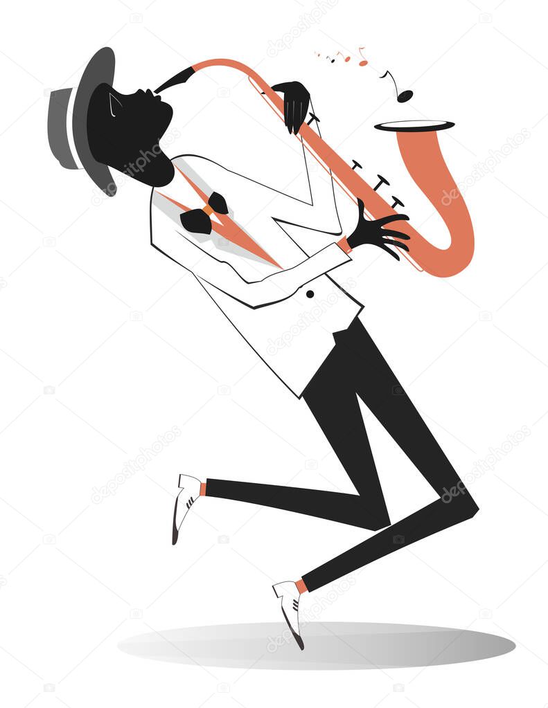 Afro-American saxophonist illustration. Afro-American saxophonist is playing music with great inspiration isolated on white