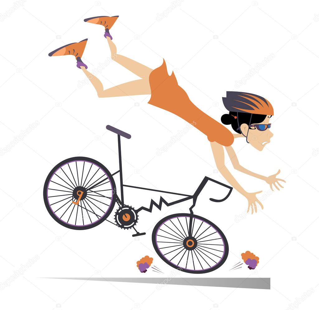 Cyclist woman falling down from the bicycle isolated illustration. Cyclist woman falling down from the bicycle isolated on white illustration 