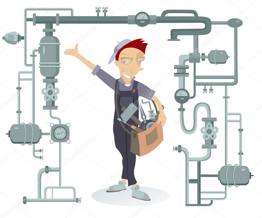Smiling worker with a tool bag illustration. Cartoon cheerful mechanic or plumber with a big bag full of instruments on the shoulder repairs a pipe construction isolated on white 