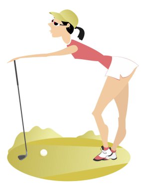 Golf sahasındaki genç bayan. Güzel genç bayan golfçü elinde golf sopası tutuyor. 