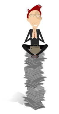 Çok fazla belge, kitap ve insan konsepti çizimi. Gözleri kapalı dua eden ya da meditasyon yapan yüksek kağıt yığınında yoga yapan ya da beyazlara izole edilmiş kitaplar okuyan bir adam.