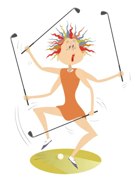 Super Golfer Woman Playing Golf Many Clubs Illustration Funny Golfer — Stock Vector