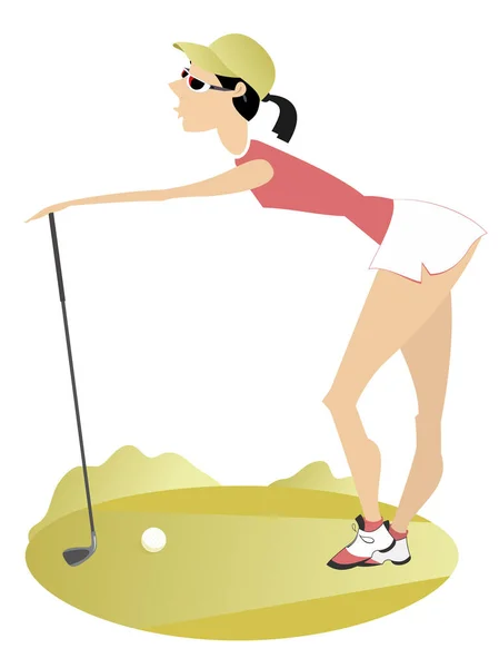ゴルフ場のイラストの若い女性 かなり若い女性ゴルファーはゴルフクラブを保持しています — ストックベクタ