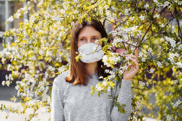 Side View Portrait Sad Young Woman Protective Medical Face Mask — Stock Photo, Image