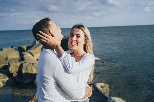 Loving Couple Having Fun Laugh Hug Each Other Enjoy Warm — Stock Photo, Image