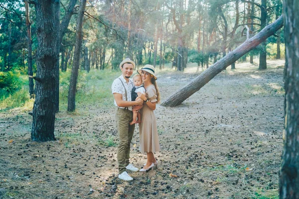 Plan Larga Duración Familia Feliz Caminando Aire Libre Padre Sosteniendo — Foto de Stock