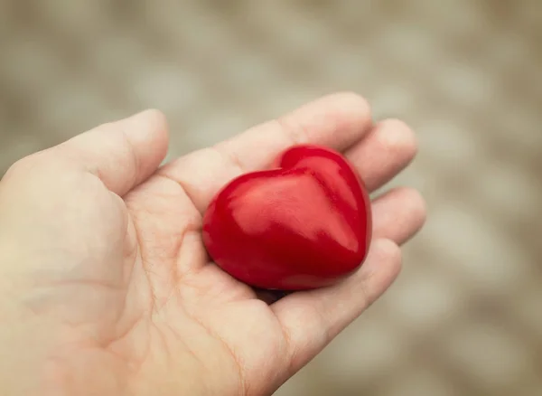 Jonge vrouw steekt een rood hart in haar hand, concept van liefde — Stockfoto
