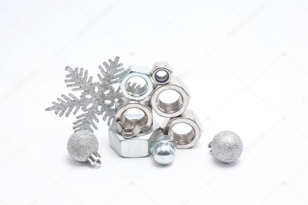 several iron bolts and christmas balls