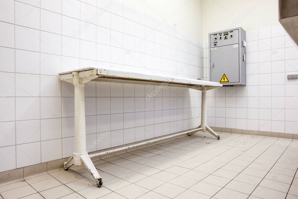 Autopsy tables in morgue
