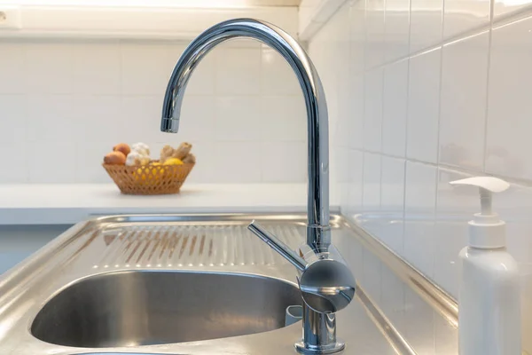 Stainless Steel Sink Kitchen White Tiles Wall — Stock Photo, Image