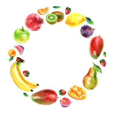 Tasarım şablonu. Taze meyvelerin yuvarlak çerçevesi. Suluboya çizimi.