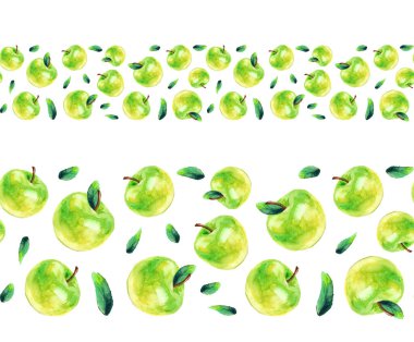 Kusursuz sınırlar, kurdeleler, elmalar, bahçe işleri. Suluboya çizimi. Koli bandı, yapıştırıcı bant, duvar kağıdı için tasarım.