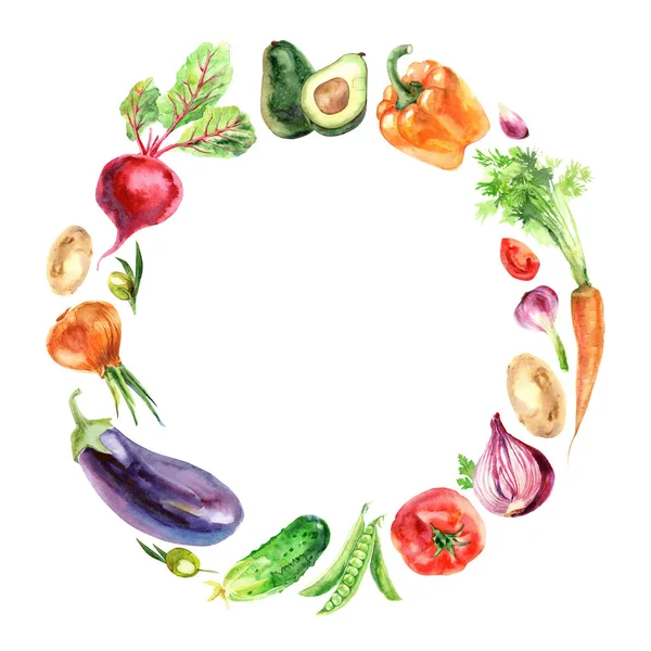 Template for design. Round frame of fresh vegetables. Watercolor illustration.