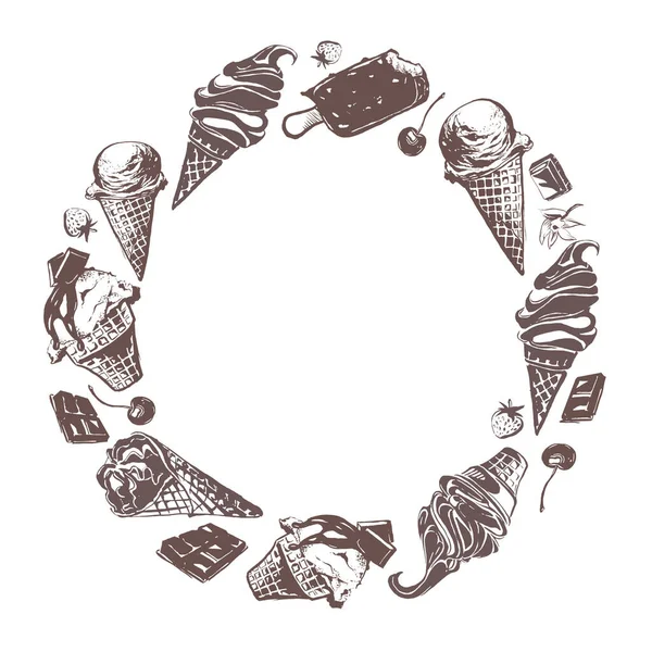 Round frame with ice creams. Ink drawing. Design for menu, cafe.