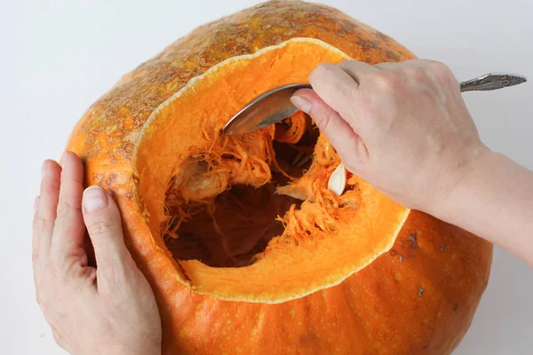Woman hands scooping out seeds from inside of pumpkin using spoon on the white background — Stock Photo, Image